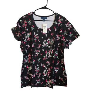 Karen Scott Essentials Womens 2X Black Floral Scoop Neck Short Sleeve Top NEW